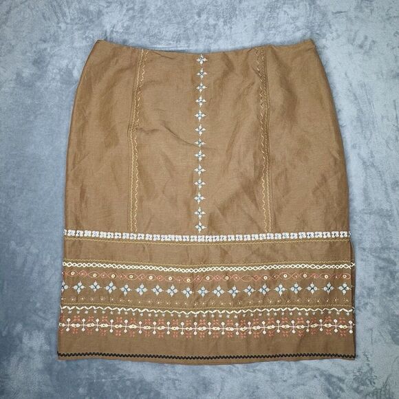 Talbots Sz 16 Linen Silk Blend Light Brown Floral Embroidered Side Slit Skirt - Picture 2 of 13